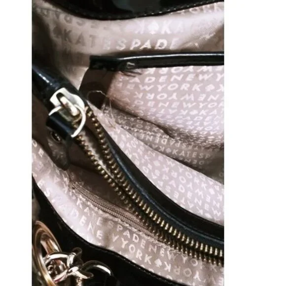 KATE SPADE NY BLACK NYLON PATENT LEATHER SHOULDER BAG WITH SILVER CHAIN … - Picture 6 of 9